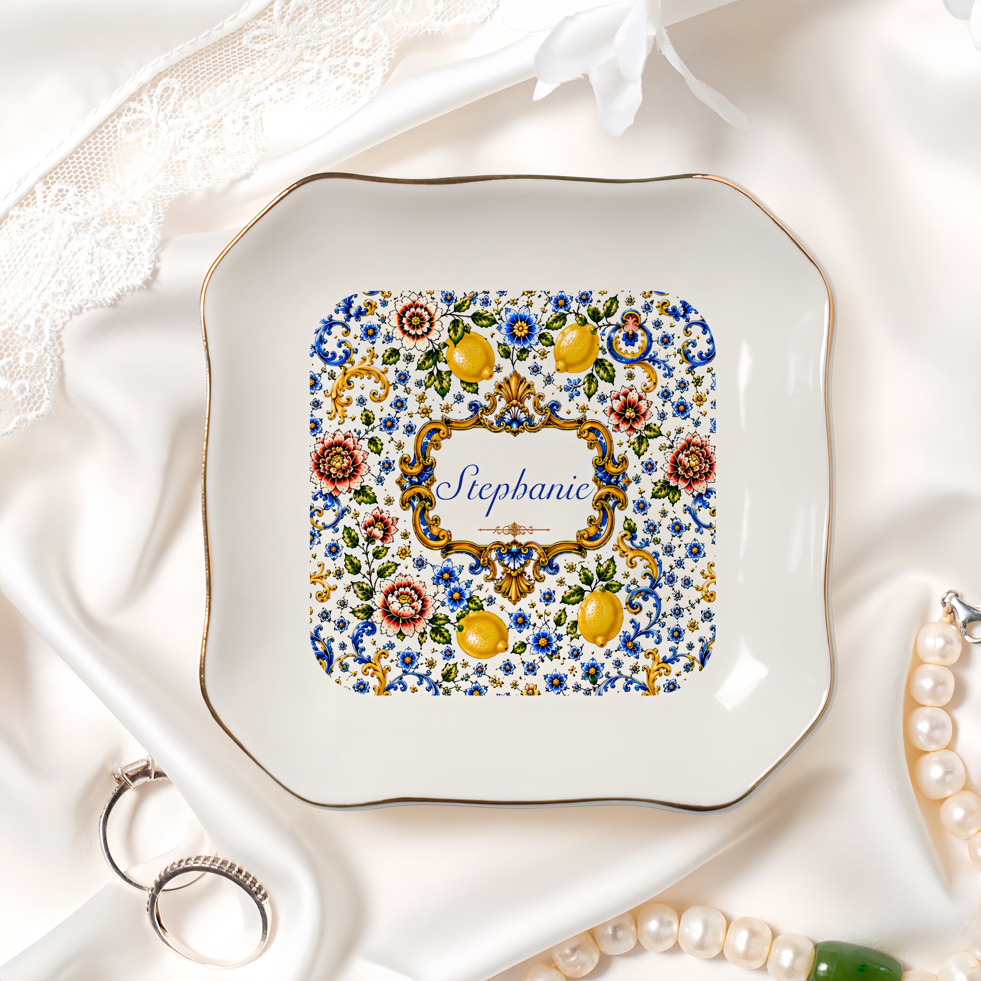 Mediterranean Style & Majolica Print Blue Lemon - Personalized Jewelry Dish-Myprintsy