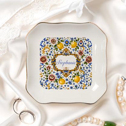 Mediterranean Style & Majolica Print Blue Lemon - Personalized Jewelry Dish-Myprintsy