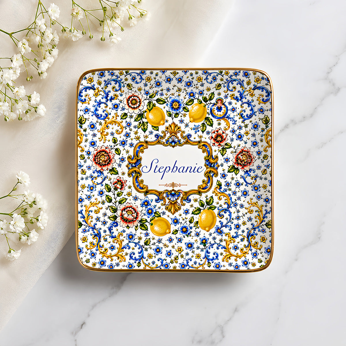 Mediterranean Style & Majolica Print Blue Lemon - Personalized Jewelry Dish-Myprintsy