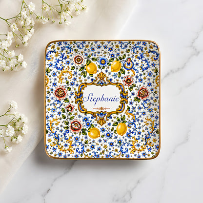Mediterranean Style & Majolica Print Blue Lemon - Personalized Jewelry Dish-Myprintsy