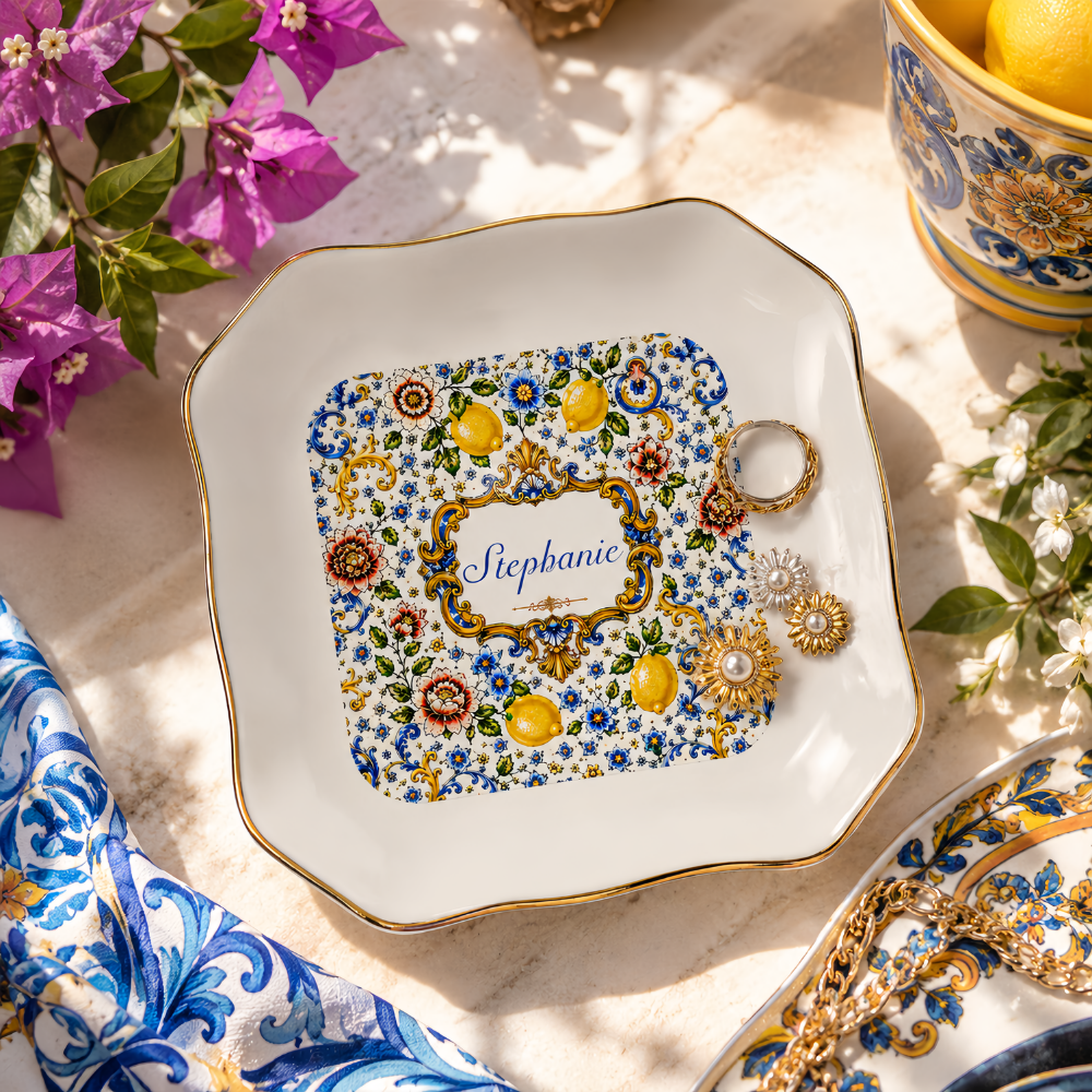 Mediterranean Style & Majolica Print Blue Lemon - Personalized Jewelry Dish-Myprintsy