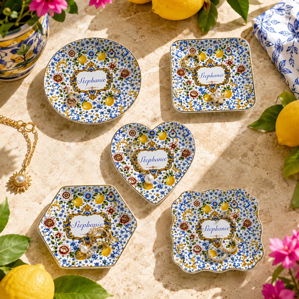 Mediterranean Style & Majolica Print Blue Lemon - Personalized Jewelry Dish-Myprintsy