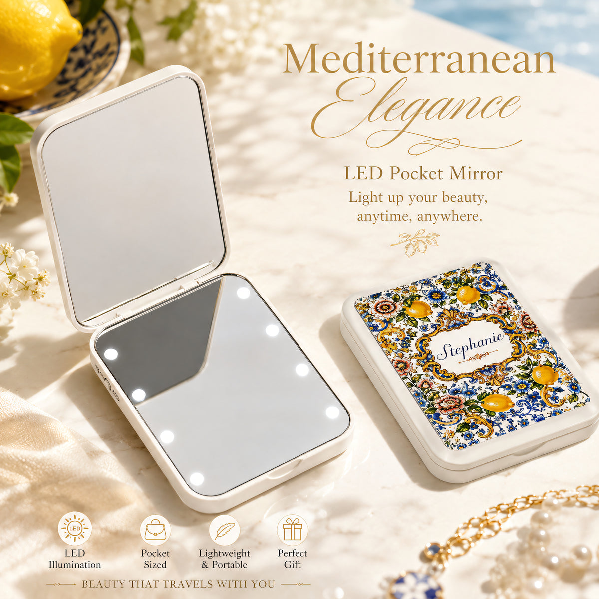 Mediterranean Style & Majolica Print Blue Lemon - Personalized LED Pocket Mirror-Myprintsy