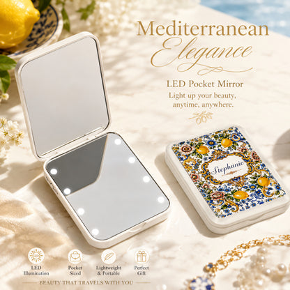 Mediterranean Style & Majolica Print Blue Lemon - Personalized LED Pocket Mirror-Myprintsy