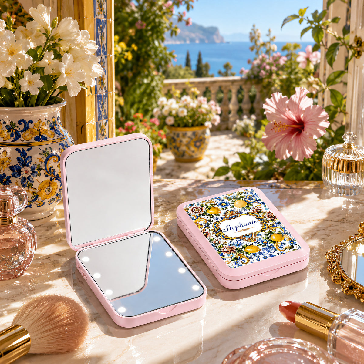 Mediterranean Style & Majolica Print Blue Lemon - Personalized LED Pocket Mirror-Myprintsy