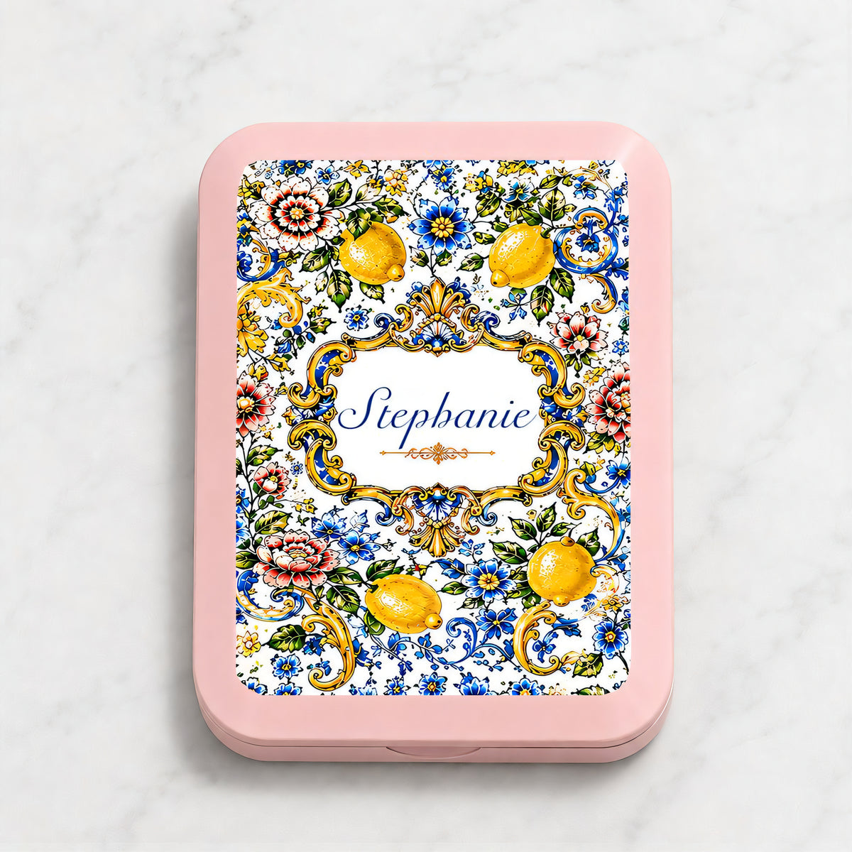 Mediterranean Style & Majolica Print Blue Lemon - Personalized LED Pocket Mirror-Myprintsy