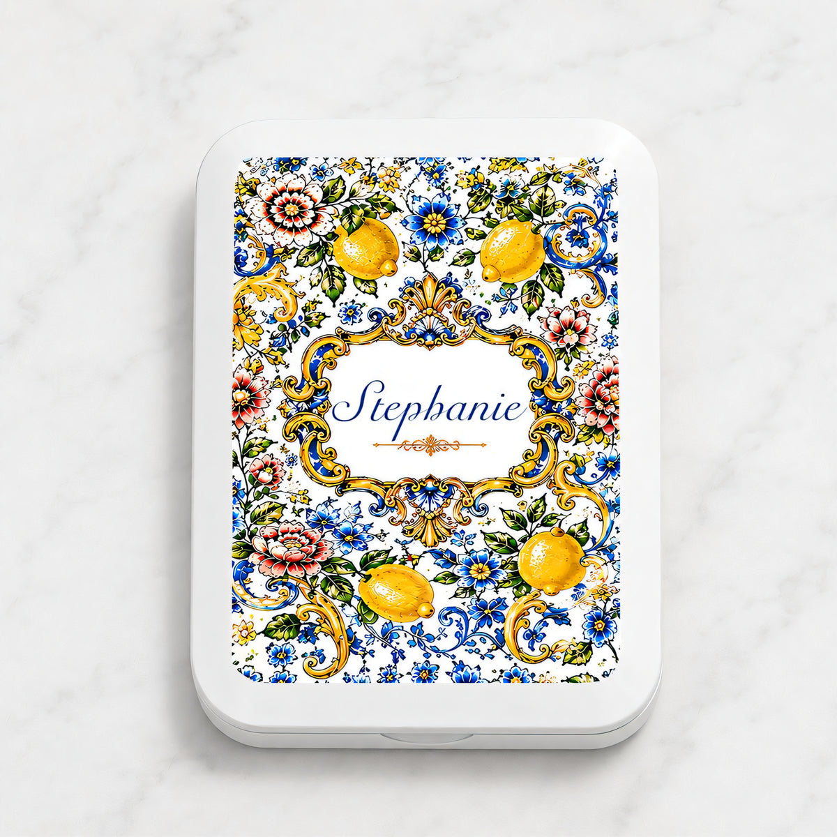 Mediterranean Style & Majolica Print Blue Lemon - Personalized LED Pocket Mirror-Myprintsy