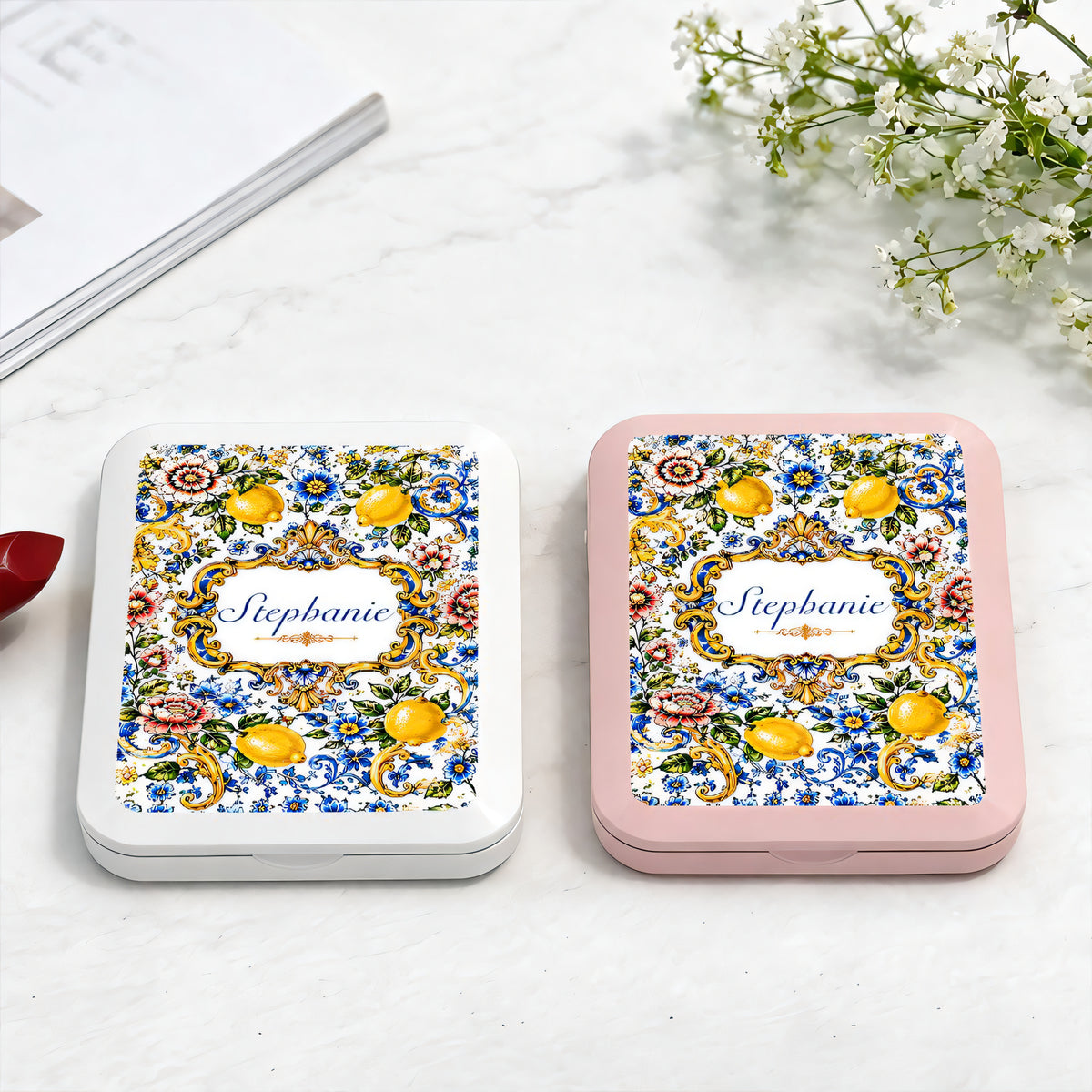 Mediterranean Style & Majolica Print Blue Lemon - Personalized LED Pocket Mirror-Myprintsy