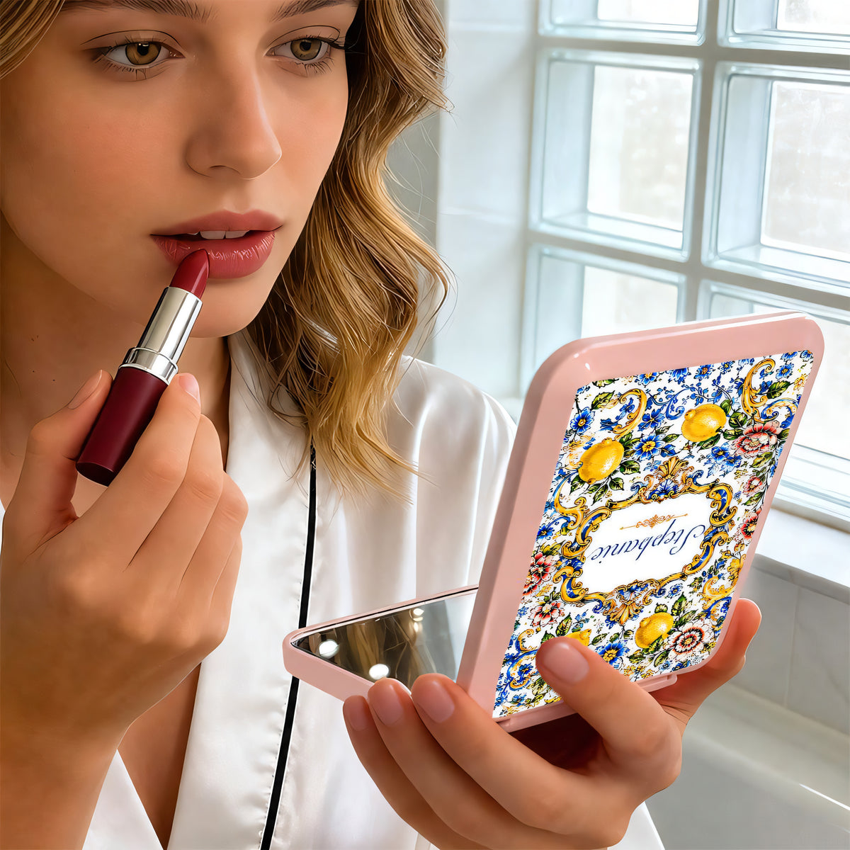 Mediterranean Style & Majolica Print Blue Lemon - Personalized LED Pocket Mirror-Myprintsy