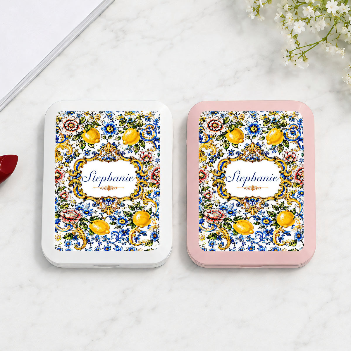 Mediterranean Style & Majolica Print Blue Lemon - Personalized LED Pocket Mirror-Myprintsy