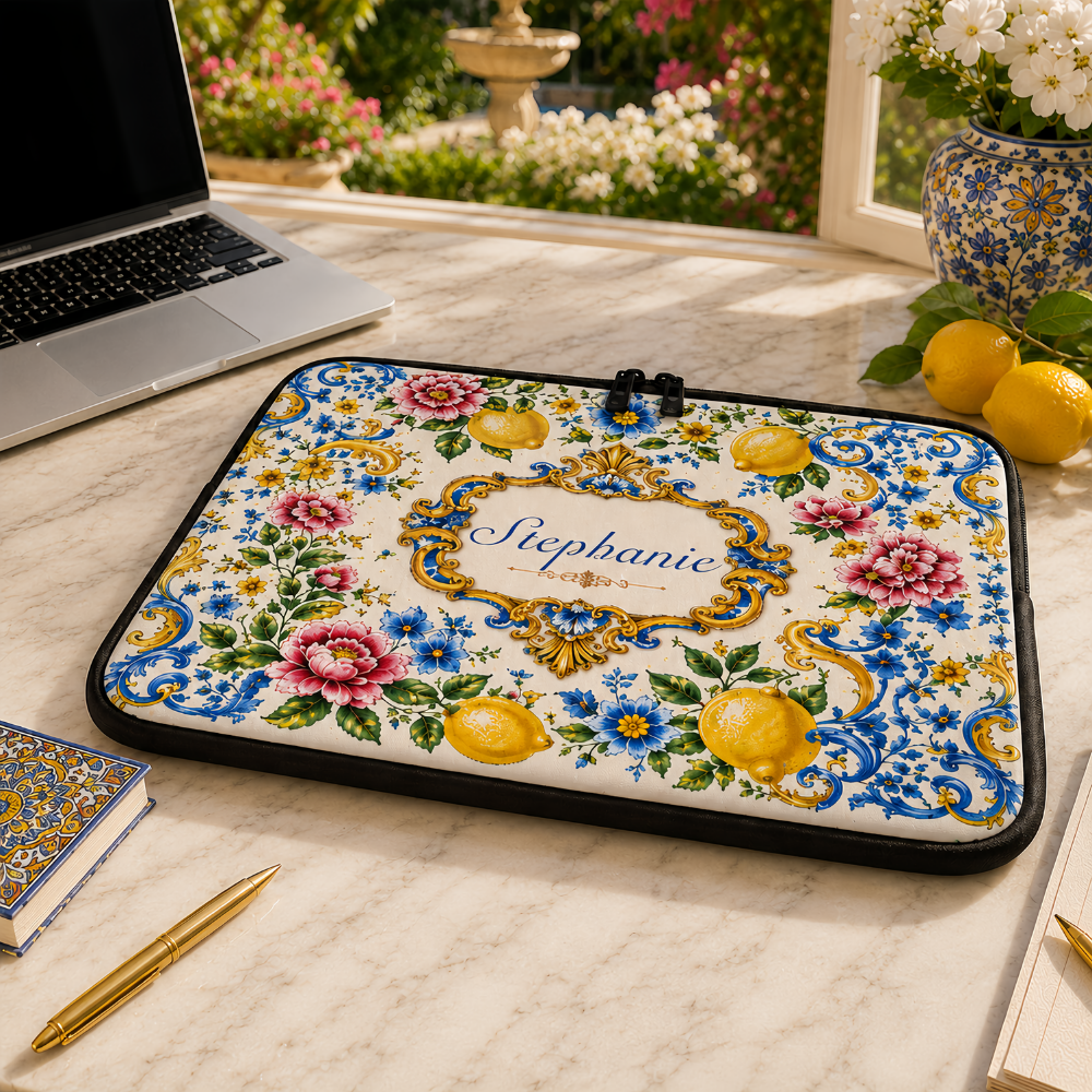 Mediterranean Style & Majolica Print Blue Lemon - Personalized Laptop Bag-Myprintsy