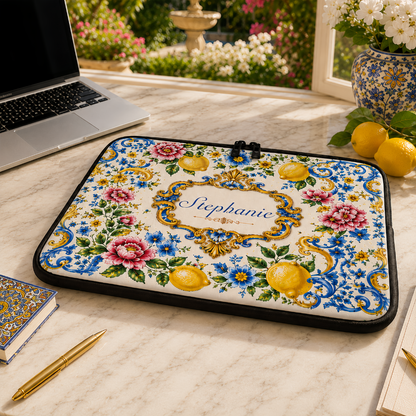 Mediterranean Style & Majolica Print Blue Lemon - Personalized Laptop Bag-Myprintsy