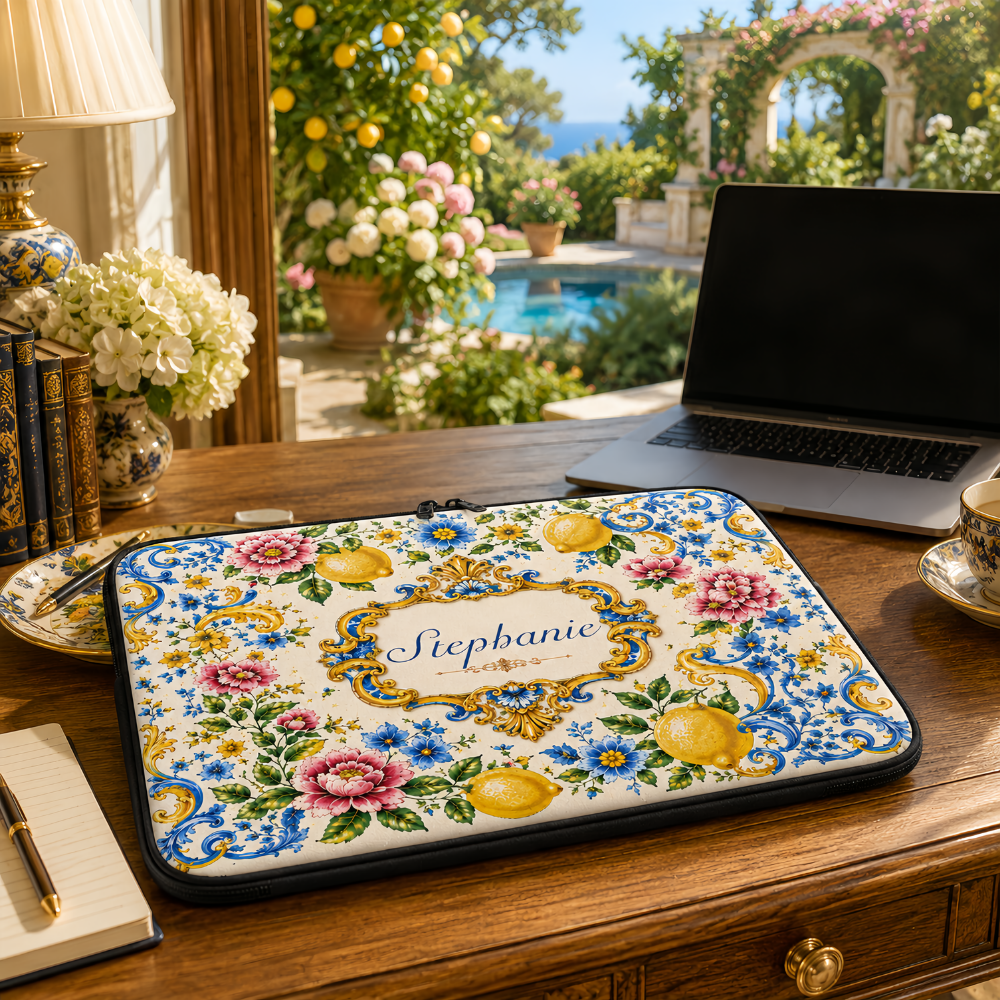 Mediterranean Style & Majolica Print Blue Lemon - Personalized Laptop Bag-Myprintsy