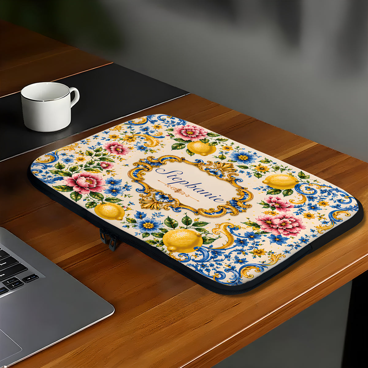 Mediterranean Style & Majolica Print Blue Lemon - Personalized Laptop Bag-Myprintsy
