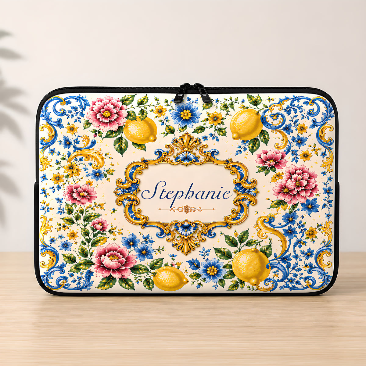 Mediterranean Style & Majolica Print Blue Lemon - Personalized Laptop Bag-Myprintsy
