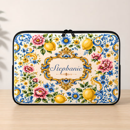 Mediterranean Style & Majolica Print Blue Lemon - Personalized Laptop Bag-Myprintsy