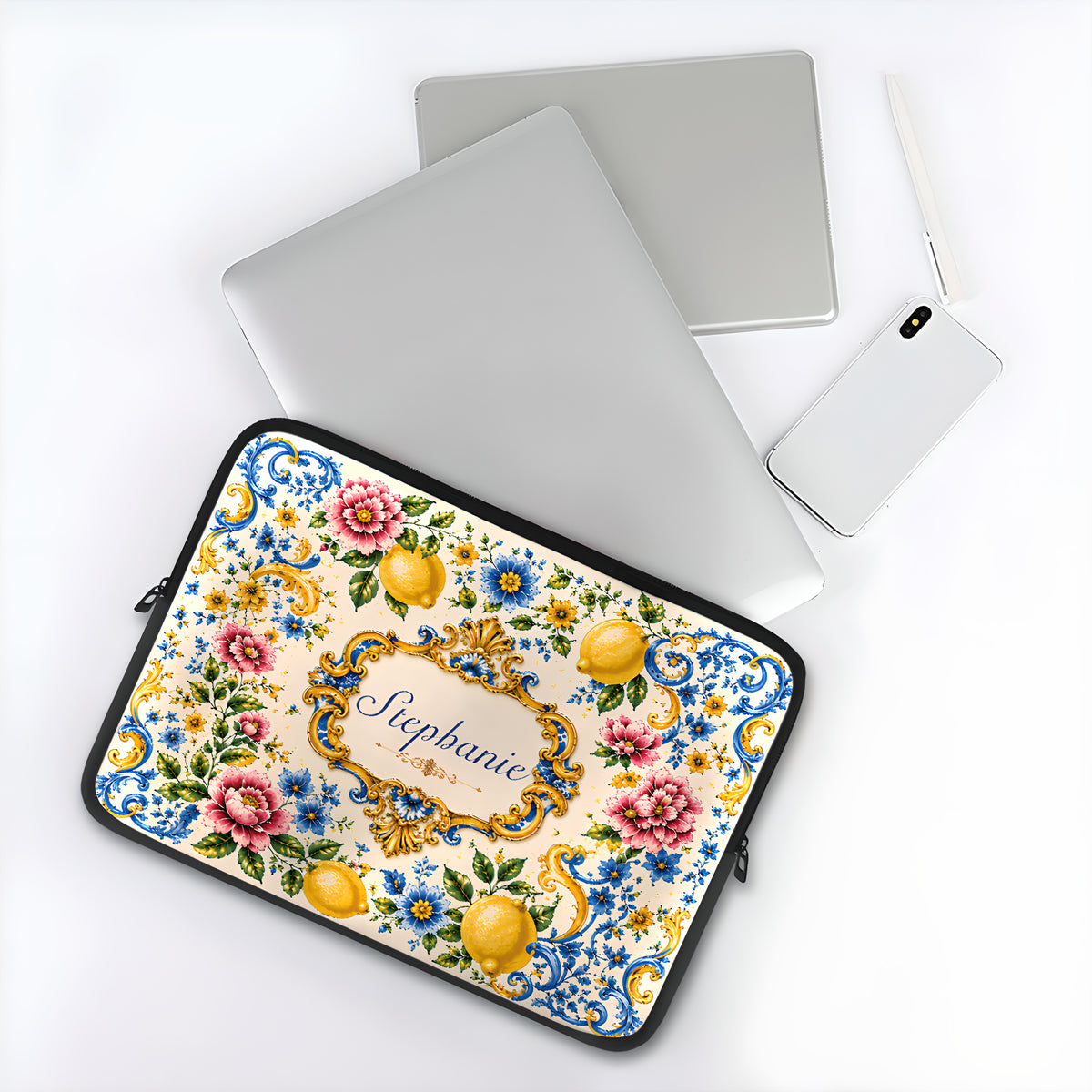 Mediterranean Style & Majolica Print Blue Lemon - Personalized Laptop Bag-Myprintsy