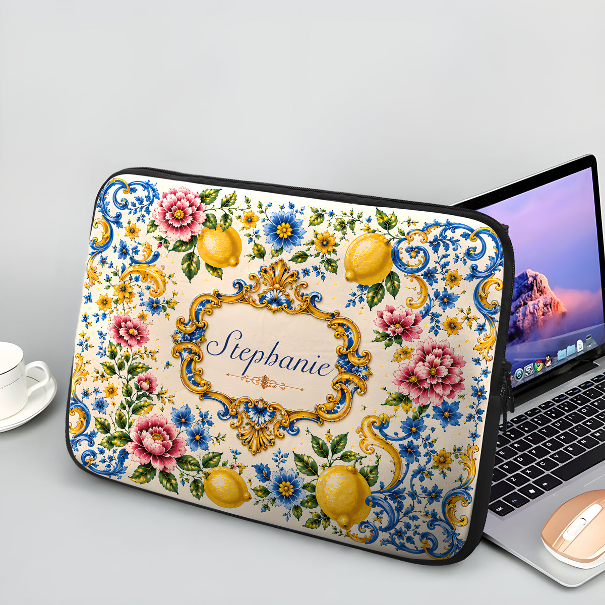 Mediterranean Style & Majolica Print Blue Lemon - Personalized Laptop Bag-Myprintsy
