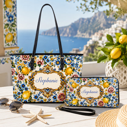 Mediterranean Style & Majolica Print Blue Lemon - Personalized Leather Bag & Wallet Set-Myprintsy