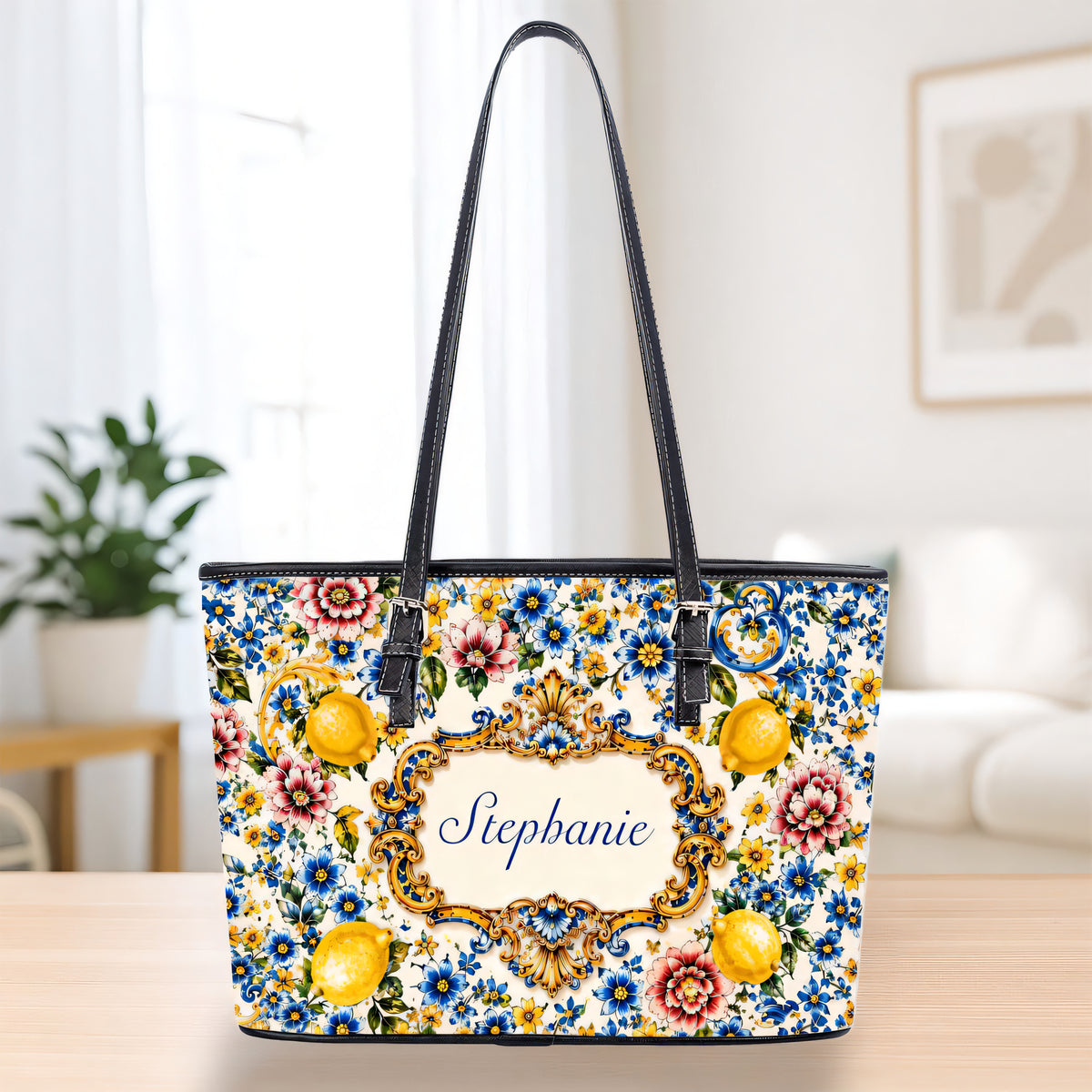 Mediterranean Style & Majolica Print Blue Lemon - Personalized Leather Bag & Wallet Set-Myprintsy