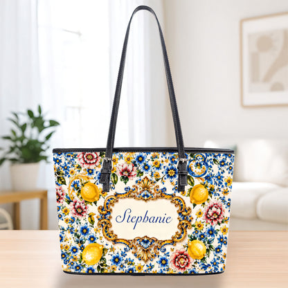 Mediterranean Style & Majolica Print Blue Lemon - Personalized Leather Bag & Wallet Set-Myprintsy