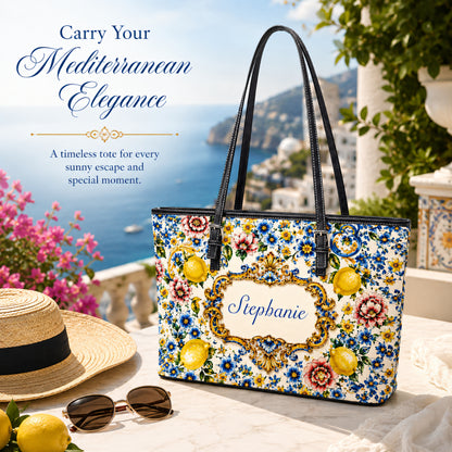 Mediterranean Style & Majolica Print Blue Lemon - Personalized Leather Bag & Wallet Set-Myprintsy