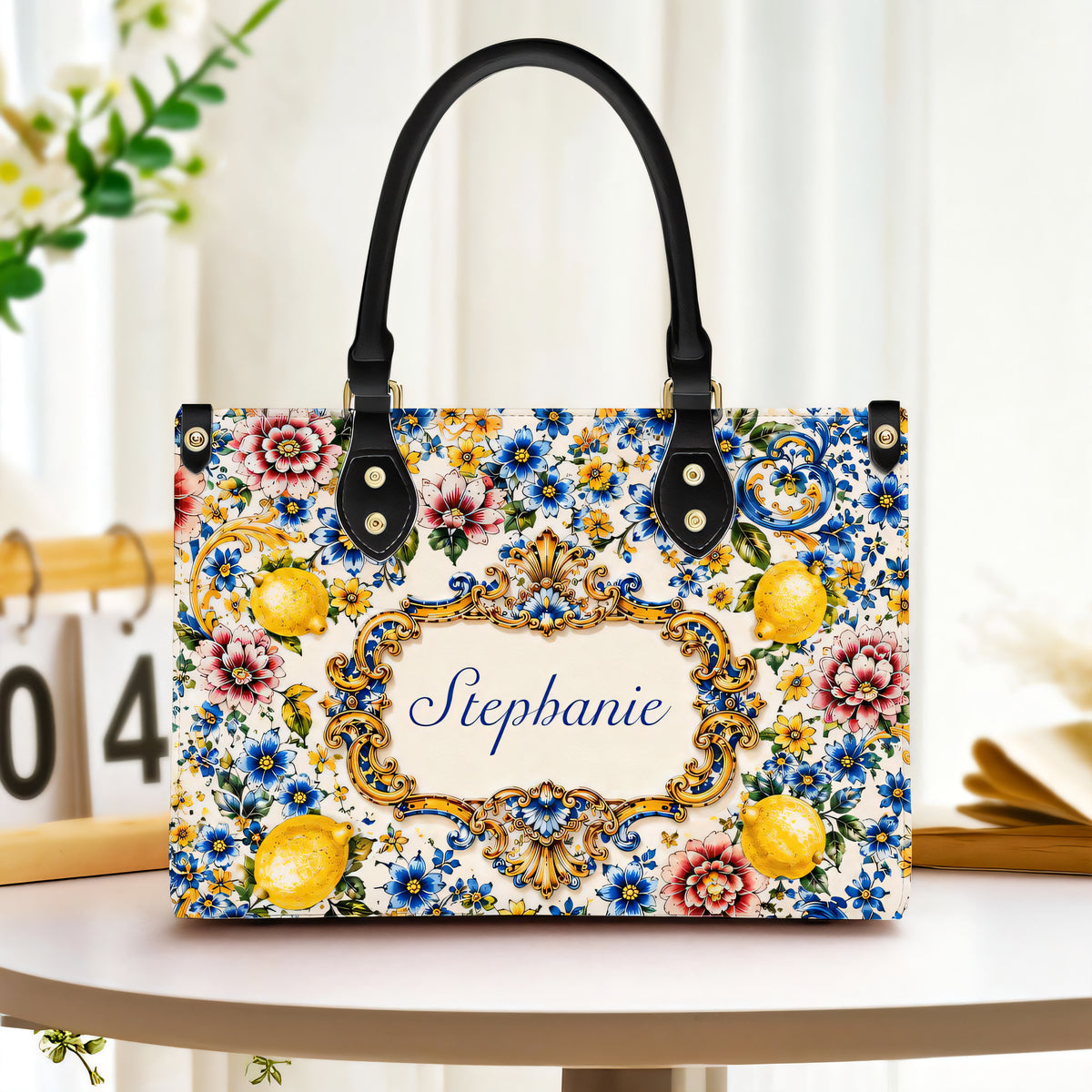 Mediterranean Style & Majolica Print Blue Lemon - Personalized Leather Bag & Wallet Set-Myprintsy