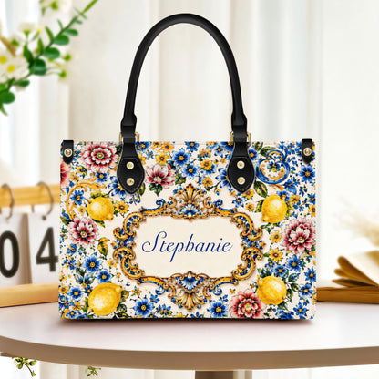 Mediterranean Style & Majolica Print Blue Lemon - Personalized Leather Bag & Wallet Set-Myprintsy