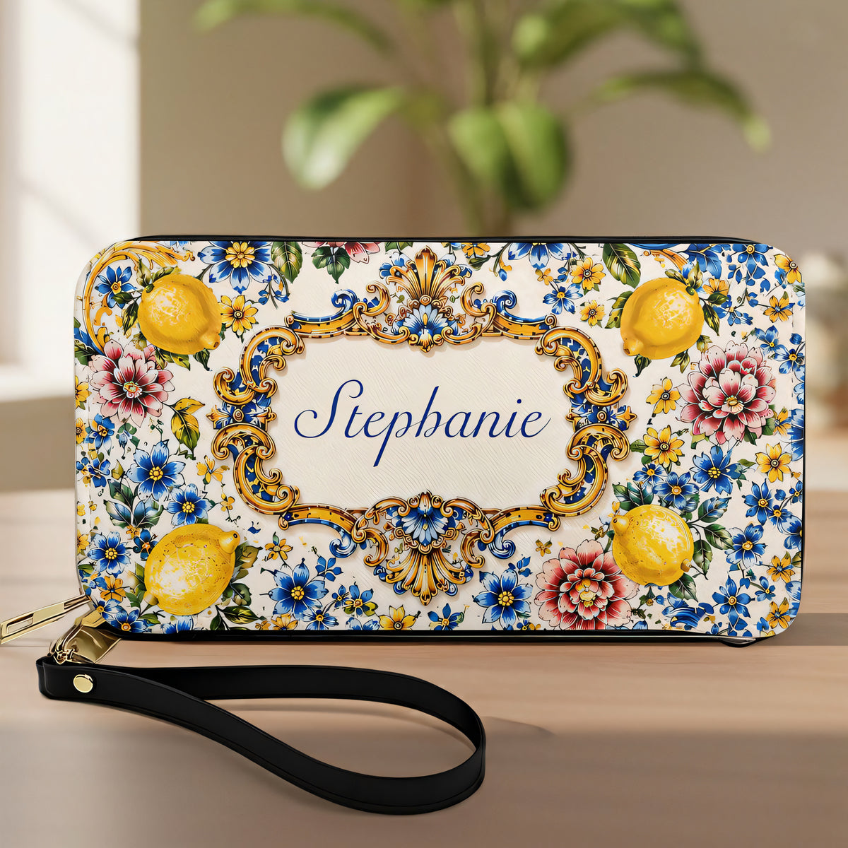 Mediterranean Style & Majolica Print Blue Lemon - Personalized Leather Bag & Wallet Set-Myprintsy