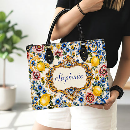 Mediterranean Style & Majolica Print Blue Lemon - Personalized Leather Bag & Wallet Set-Myprintsy