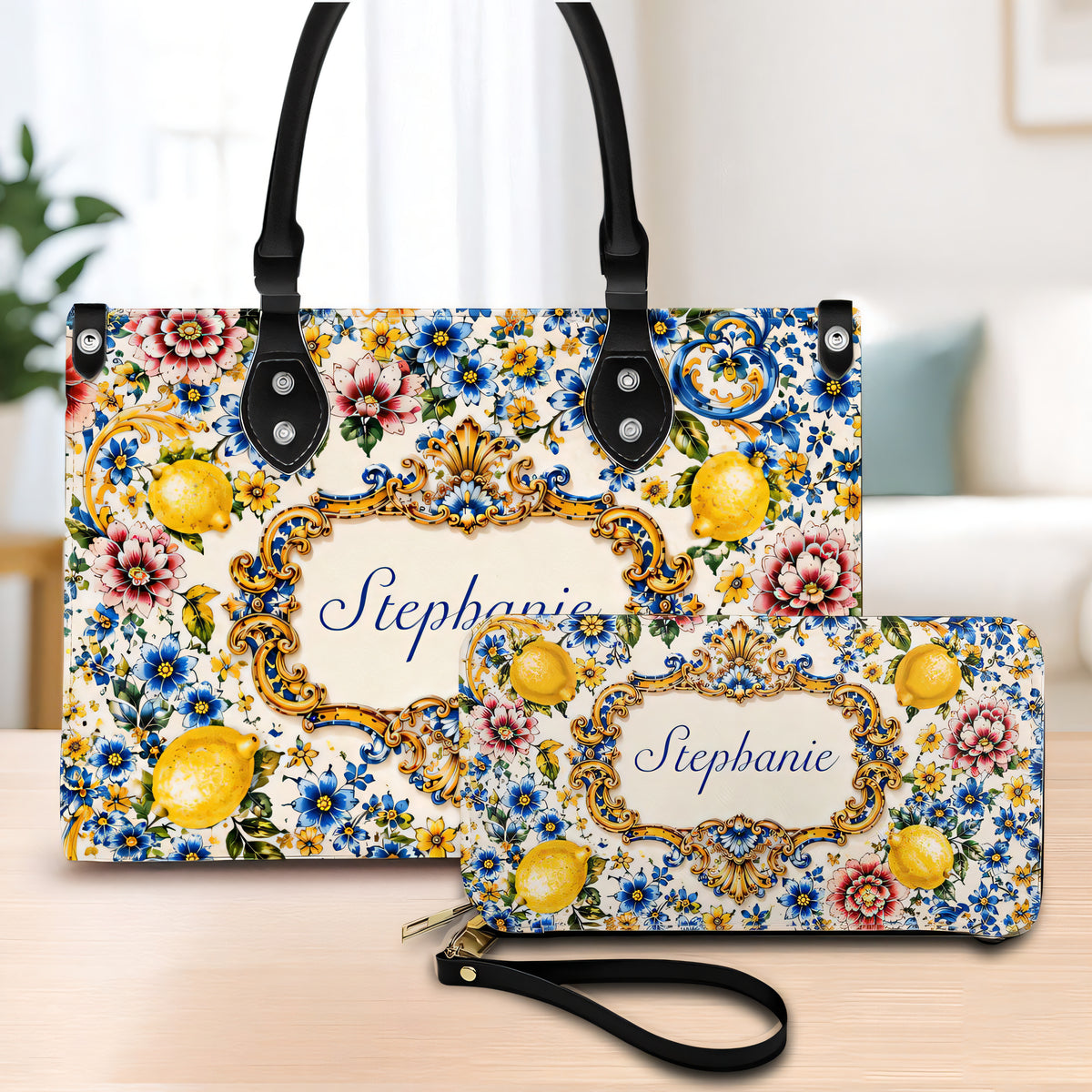 Mediterranean Style & Majolica Print Blue Lemon - Personalized Leather Bag & Wallet Set-Myprintsy