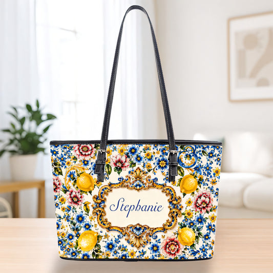 Mediterranean Style & Majolica Print Blue Lemon - Personalized Leather Bag & Wallet Set-Myprintsy