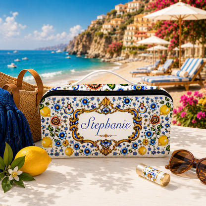 Mediterranean Style & Majolica Print Blue Lemon - Personalized Leather Makeup Bag-Myprintsy