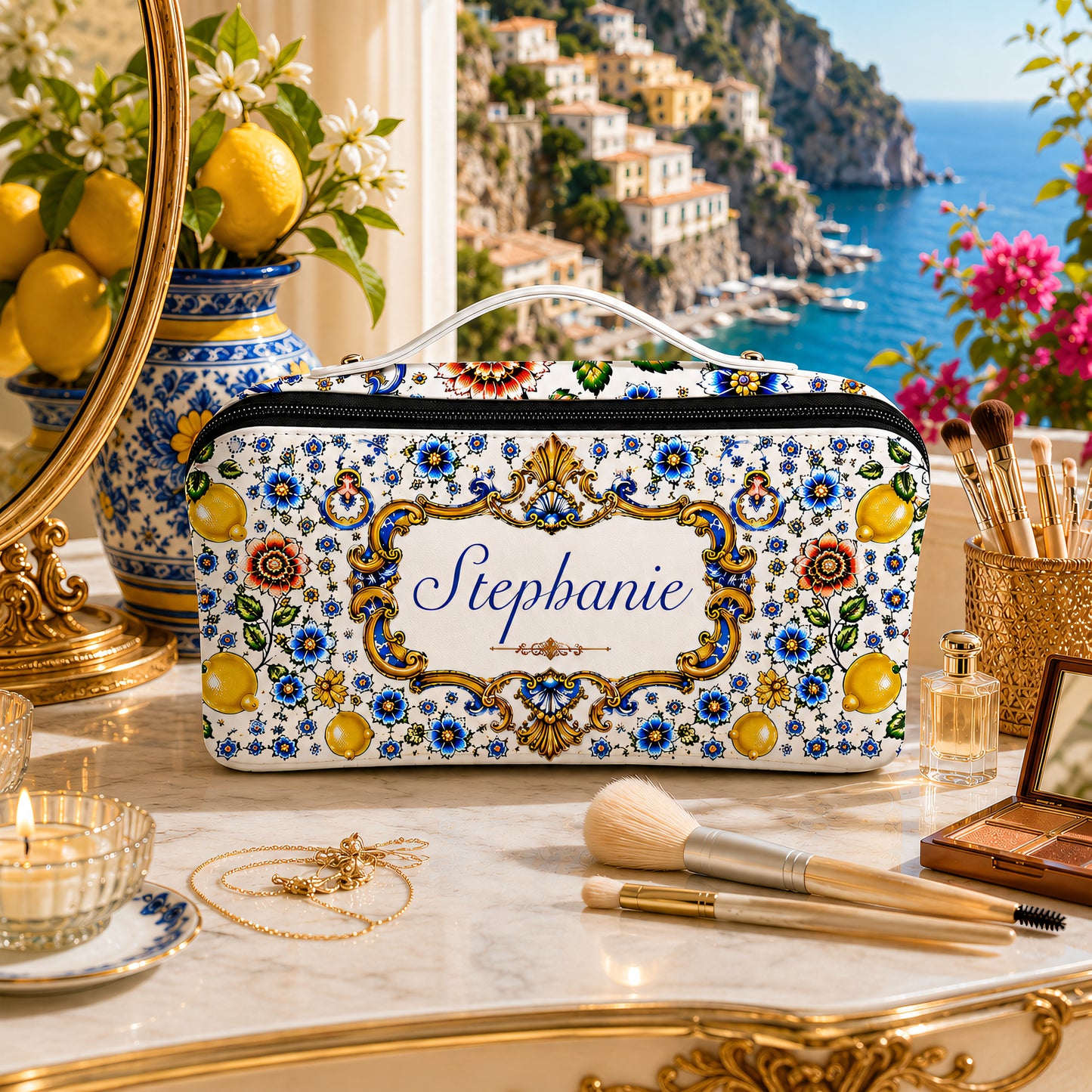 Mediterranean Style & Majolica Print Blue Lemon - Personalized Leather Makeup Bag-Myprintsy