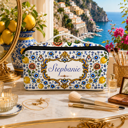 Mediterranean Style & Majolica Print Blue Lemon - Personalized Leather Makeup Bag-Myprintsy
