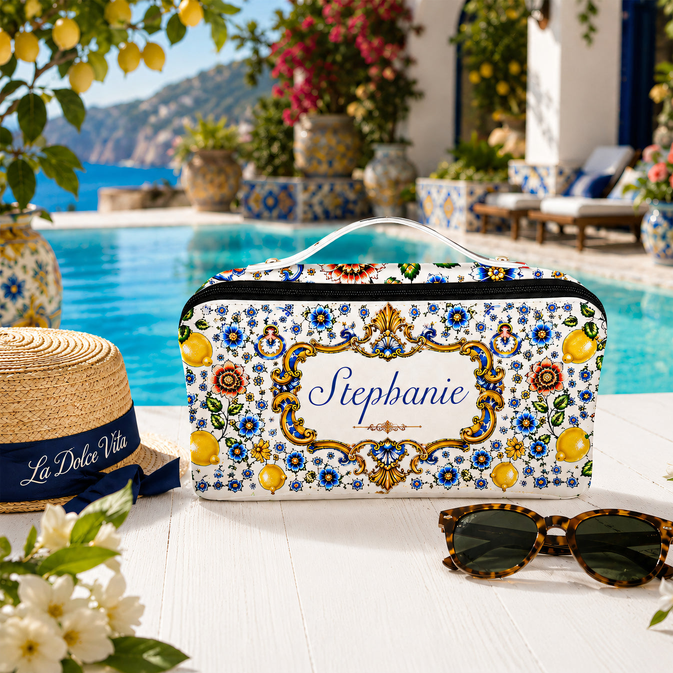 Mediterranean Style & Majolica Print Blue Lemon - Personalized Leather Makeup Bag-Myprintsy