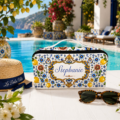 Mediterranean Style & Majolica Print Blue Lemon - Personalized Leather Makeup Bag-Myprintsy