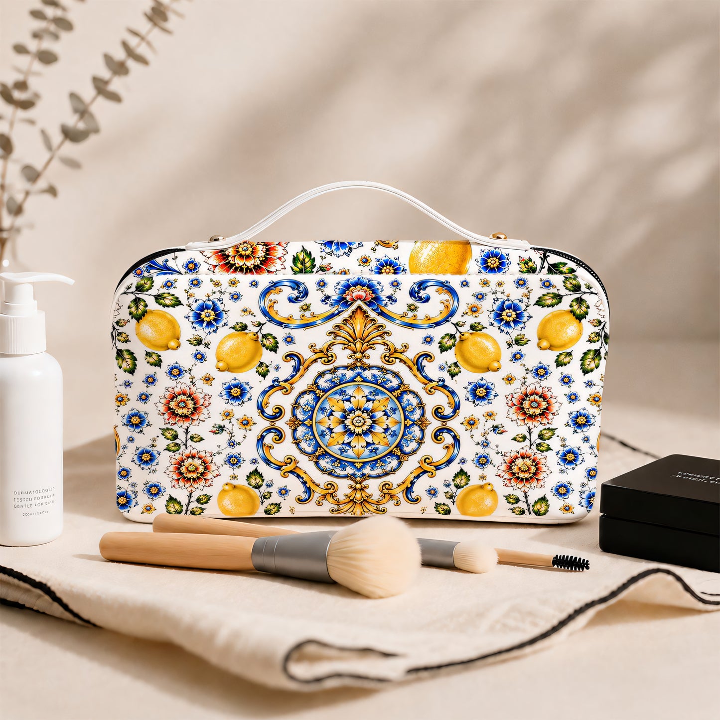Mediterranean Style & Majolica Print Blue Lemon - Personalized Leather Makeup Bag-Myprintsy