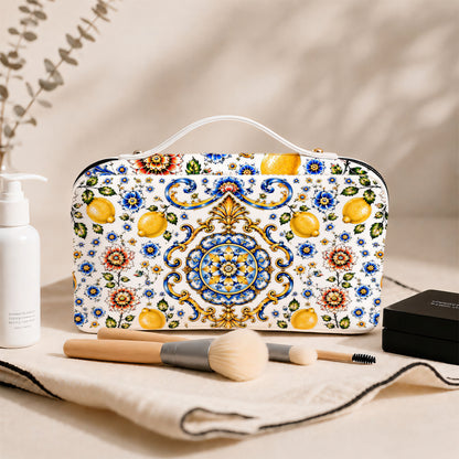Mediterranean Style & Majolica Print Blue Lemon - Personalized Leather Makeup Bag-Myprintsy