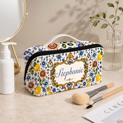 Mediterranean Style & Majolica Print Blue Lemon - Personalized Leather Makeup Bag-Myprintsy