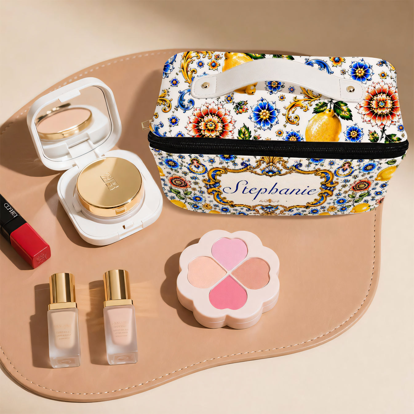 Mediterranean Style & Majolica Print Blue Lemon - Personalized Leather Makeup Bag-Myprintsy
