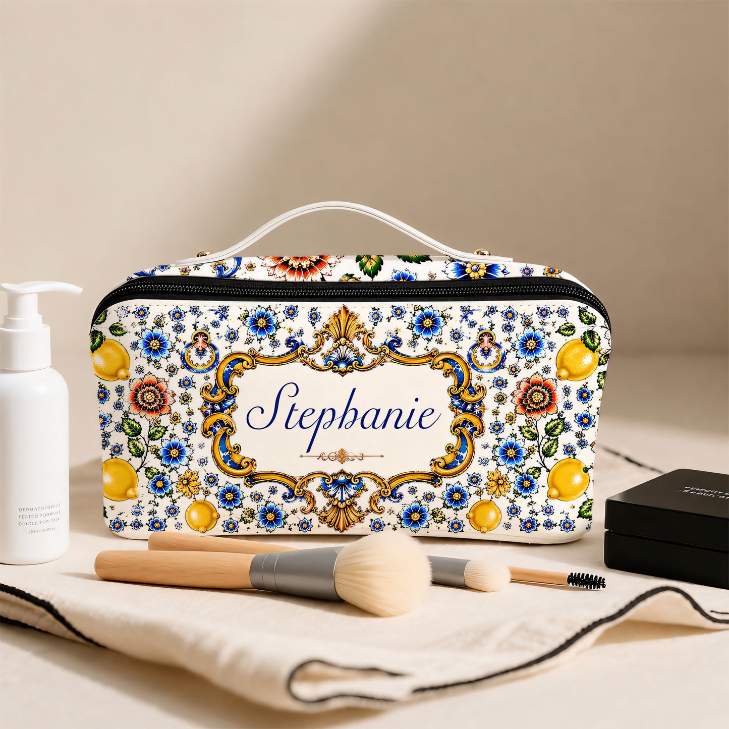 Mediterranean Style & Majolica Print Blue Lemon - Personalized Leather Makeup Bag-Myprintsy