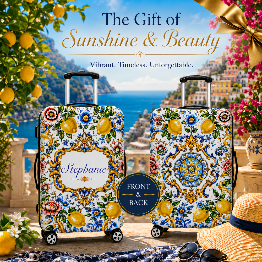 Mediterranean Style & Majolica Print Blue Lemon - Personalized Luggage Cover-Myprintsy