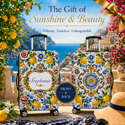 Mediterranean Style & Majolica Print Blue Lemon - Personalized Luggage Cover-Myprintsy