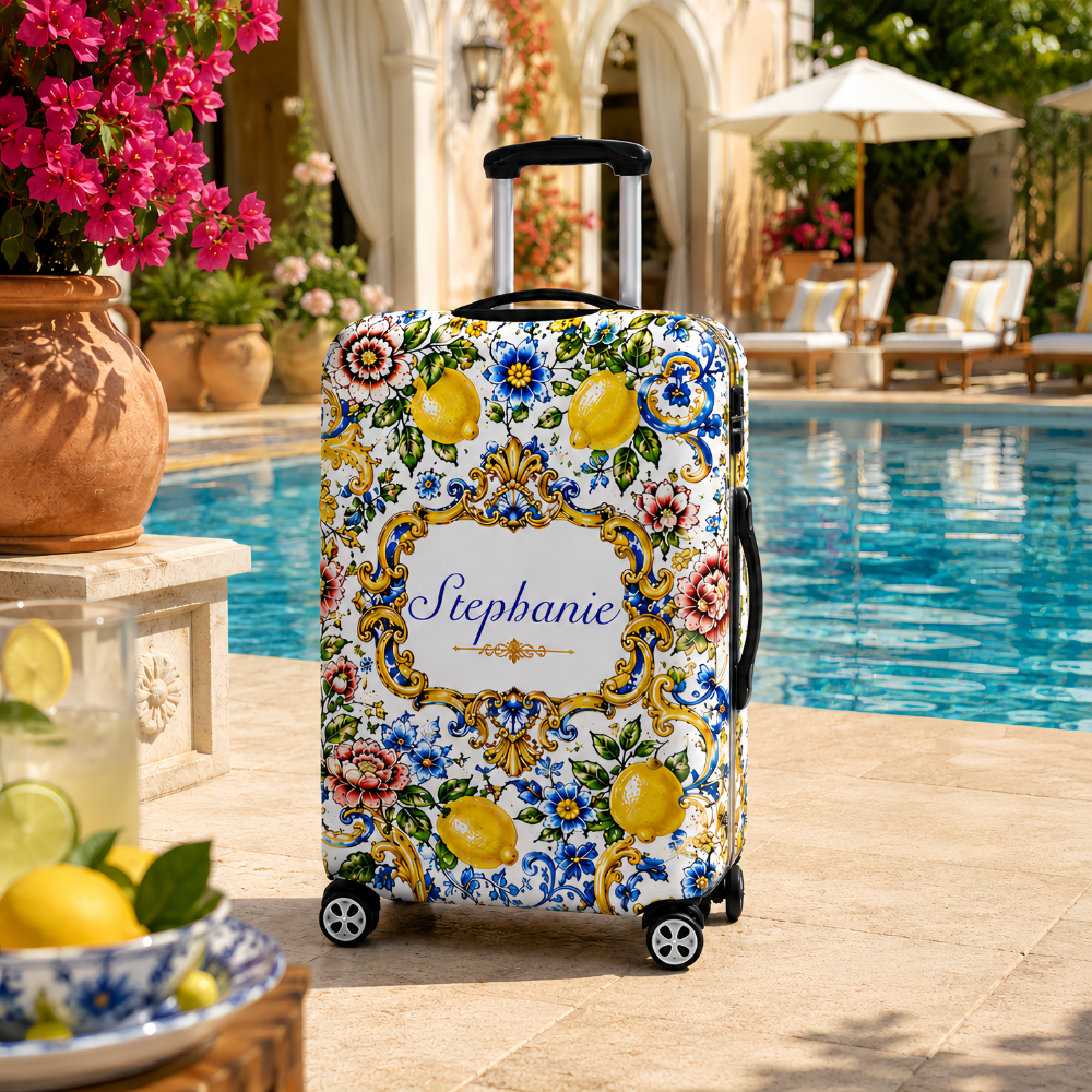 Mediterranean Style & Majolica Print Blue Lemon - Personalized Luggage Cover-Myprintsy