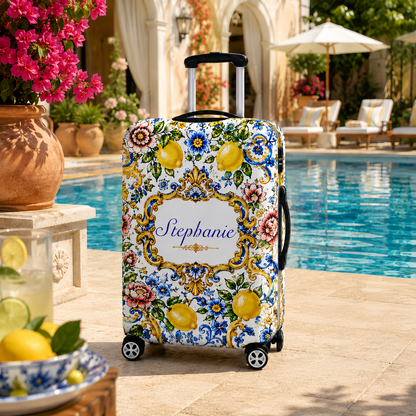Mediterranean Style & Majolica Print Blue Lemon - Personalized Luggage Cover-Myprintsy