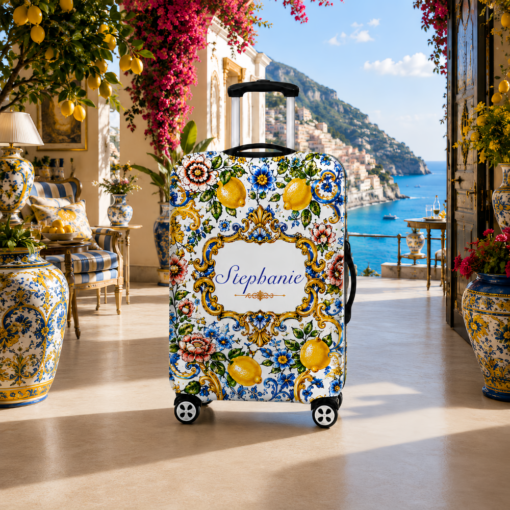 Mediterranean Style & Majolica Print Blue Lemon - Personalized Luggage Cover-Myprintsy