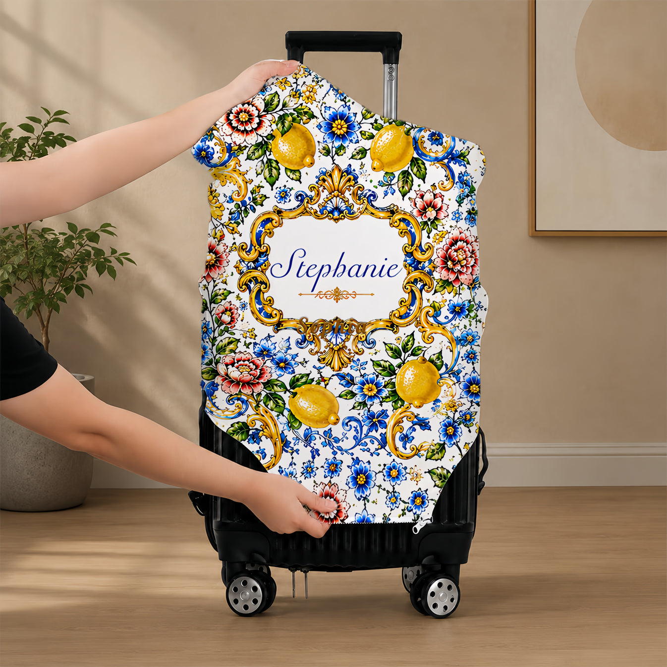 Mediterranean Style & Majolica Print Blue Lemon - Personalized Luggage Cover-Myprintsy