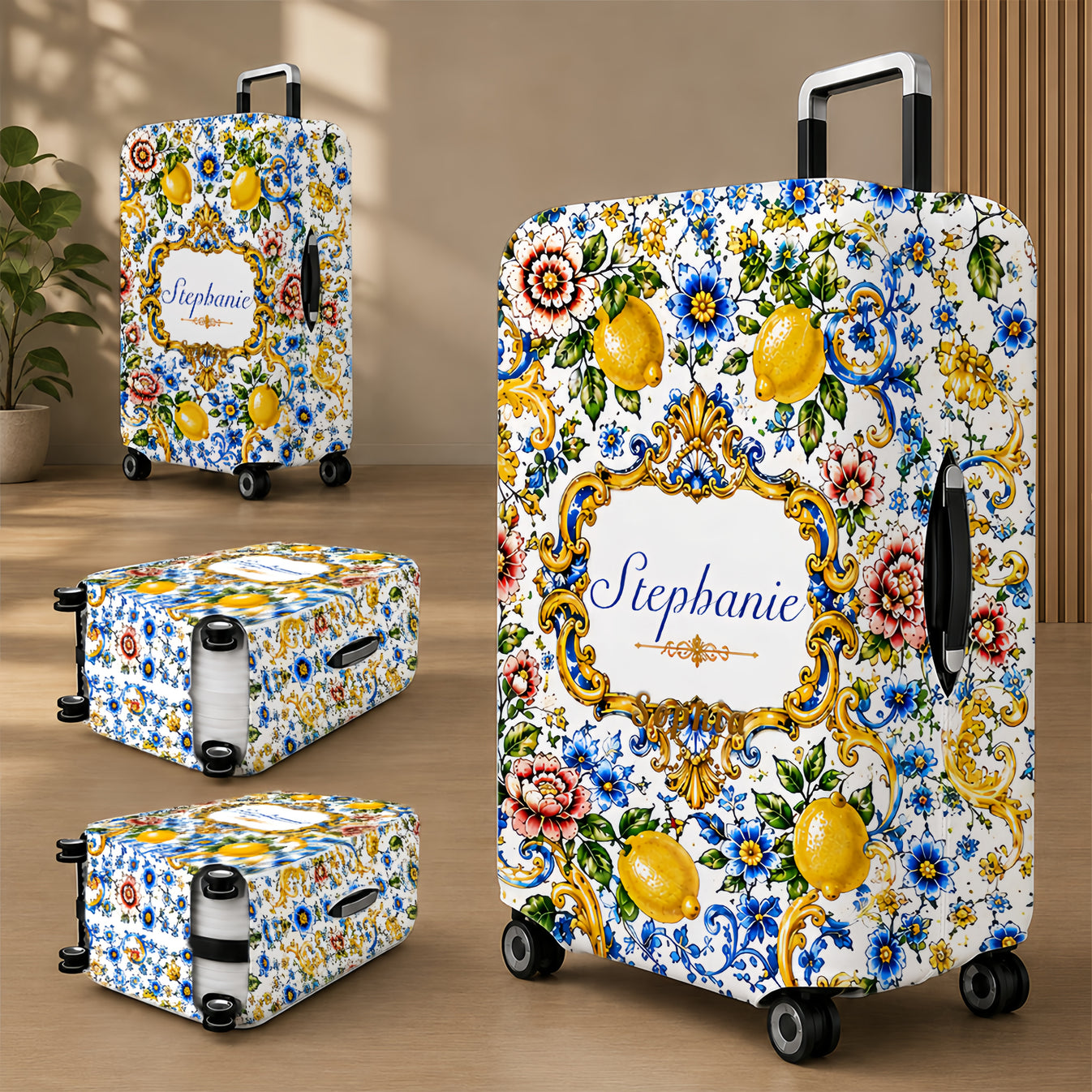 Mediterranean Style & Majolica Print Blue Lemon - Personalized Luggage Cover-Myprintsy