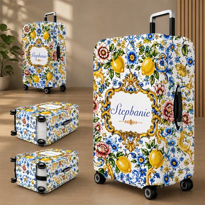 Mediterranean Style & Majolica Print Blue Lemon - Personalized Luggage Cover-Myprintsy